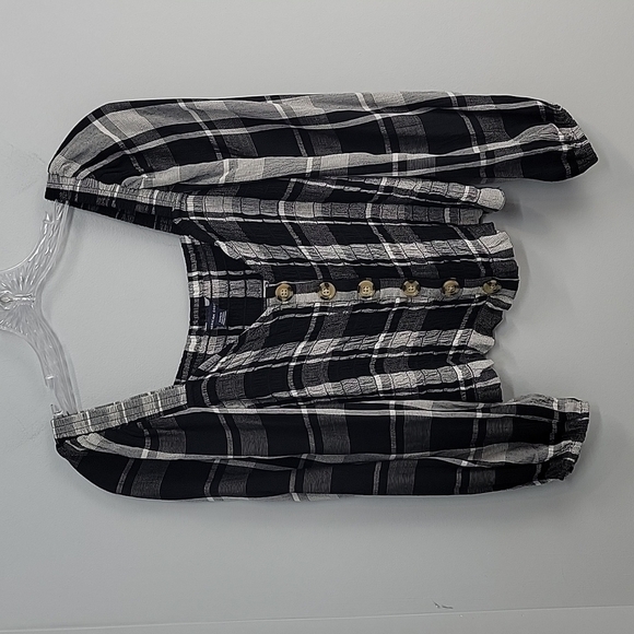 American Eagle Smocked Crop Top Black & White Plaid Balloon Sleeve Button Front - Picture 2 of 7